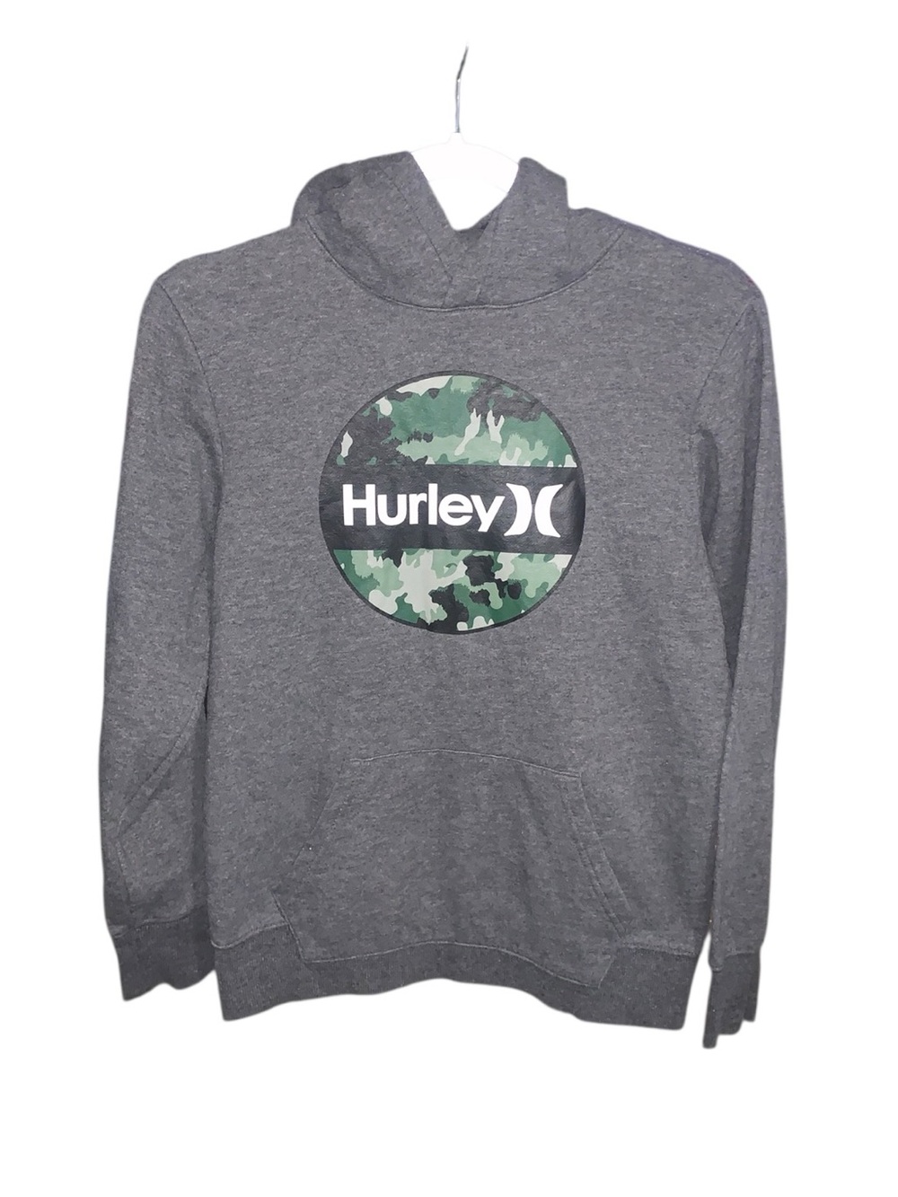 Hurley Gray Pullover Hoodie with Green Camo Logo Boys 14/16 Large
